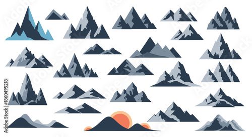 Collection of various mountain peak icons and silhouettes in blue and grey tones, perfect for outdoor and adventure designs.