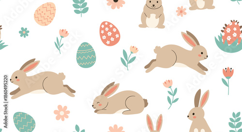 Seamless Easter pattern featuring cute brown bunnies, colorful eggs, and spring flowers on a clean white background.