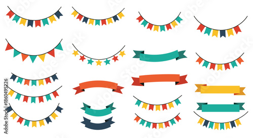 Assortment of colorful party bunting banners and decorative ribbons for celebrations, birthdays, and festive event decor.