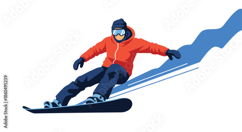 Dynamic snowboarder in an orange jacket carves down a snowy slope, showcasing winter sports and adrenaline-filled fun.
