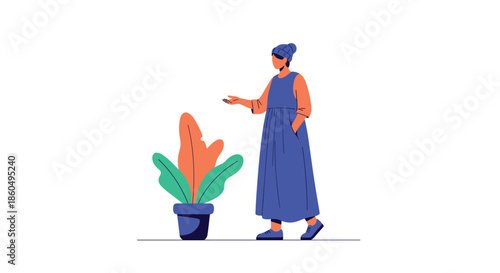 Stylish woman in a blue dress and beanie examines a colorful potted plant, symbolizing a love for gardening and nature.