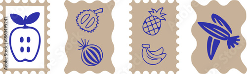 Vintage stamp or sticker print set, wall art vector travel postcard, summer engraving placard or poster. Retro frame or border element design