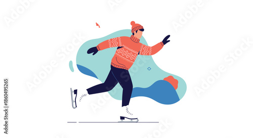 Enthusiastic man in a warm winter sweater and hat glides across the ice, capturing the joy of outdoor seasonal activities.