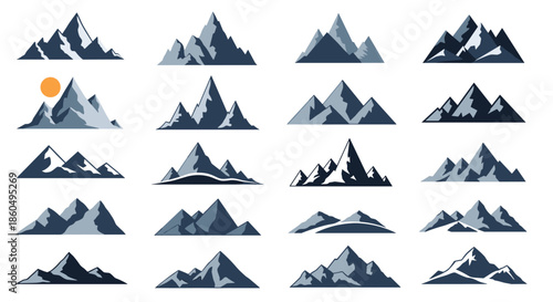 Set of diverse mountain silhouettes and peaks with different shapes and shading, ideal for nature-themed graphic projects.