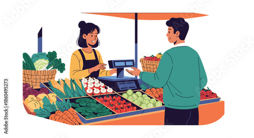 Customer selects fresh produce from a variety of baskets at a market stall while the friendly female vendor assists him.