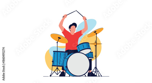 Energetic drummer plays a blue drum kit with passion, surrounded by abstract shapes that convey rhythm and musical flow.