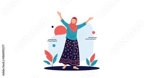 Joyful woman in traditional modest clothing raises her arms in celebration, expressing freedom, success, and happiness.