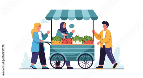Customers interact with a woman wearing a hijab at her mobile fruit cart, showcasing community and fresh local produce.