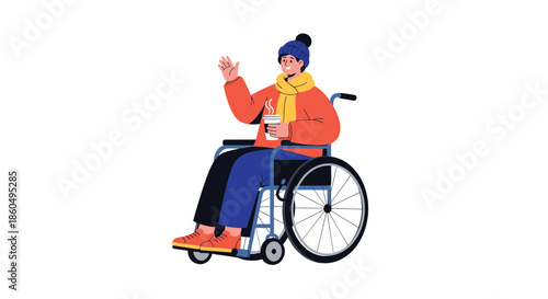 Smiling man in a wheelchair waves hello while holding a coffee cup, dressed warmly in a colorful winter hat and scarf.