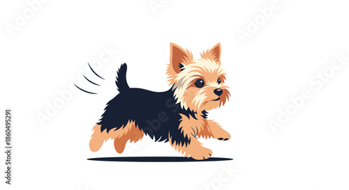 Adorable small terrier dog runs happily with its tail wagging, capturing the playful and energetic nature of a pet.