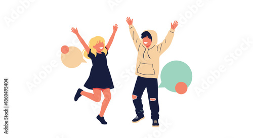 Two happy children, a girl and a boy in a hoodie, jumping with joy and raised arms next to colorful empty speech bubbles.