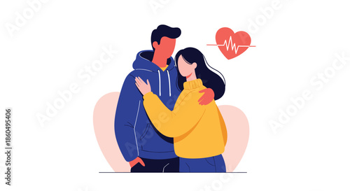 Young couple embracing lovingly with a red heart symbol and heartbeat line appearing above them against a soft background.