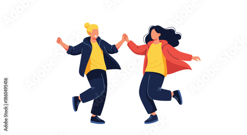 Two happy young women holding hands and dancing together with joyful expressions against a clean white background.