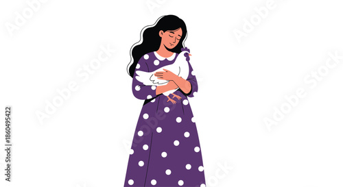 Gentle woman in a purple polka dot dress tenderly holding a white chicken in her arms against a plain white background.