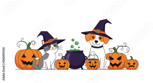 Cute cat and dog wearing witch hats sit among several carved jack-o-lantern pumpkins and a bubbling cauldron for Halloween.