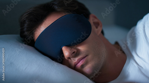 Man lying on his side with dark navy sleep mask in cozy low light. Rest, sleep, relaxation, bedtime, insomnia solution, comfort, peaceful atmosphere.