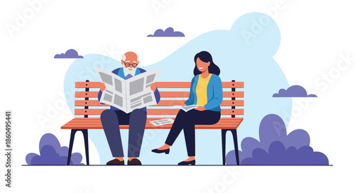 Senior man and woman sitting on a park bench while reading newspapers together under a stylized blue sky with clouds.