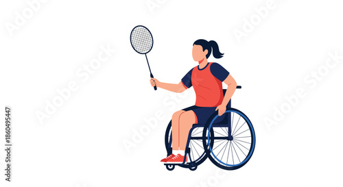 Athletic woman playing wheelchair badminton with a racket in her hand, showing strength and determination in her sport.