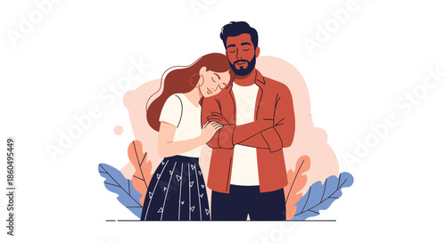 Young couple sharing an intimate moment as the woman leans her head on the man's shoulder against a soft background.