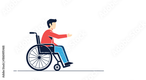Disabled man sitting in a wheelchair reaching out his hand forward in a gesture of communication or asking for help.