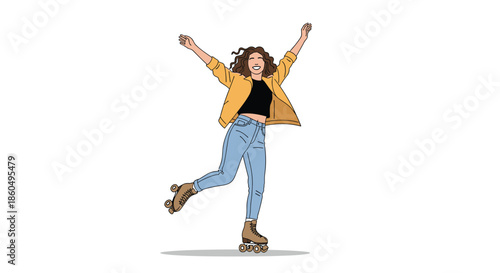 Happy young woman with curly hair roller skating with her arms raised in excitement and joy against a white background.