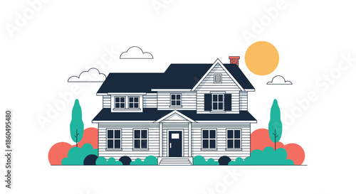 Detailed illustration of a large white suburban family home with multiple windows, a dark roof, and colorful landscaping.