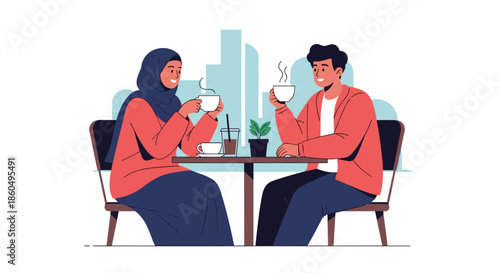 Muslim couple sitting at a table in a cafe and drinking coffee while enjoying a conversation with a city skyline view.