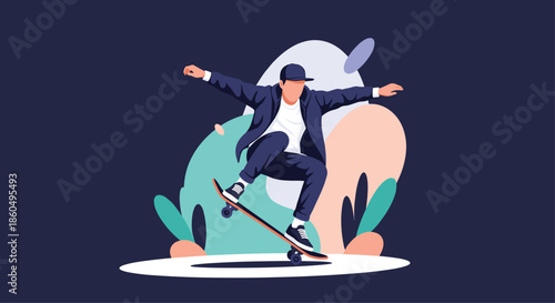 Skateboarder in a jacket and cap performing a mid-air jump trick against a background of abstract colorful shapes.