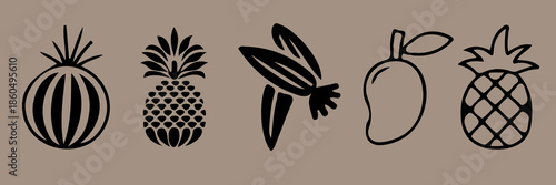 Hand drawn fruits and berries in minimalist ink brush charcoal style. 