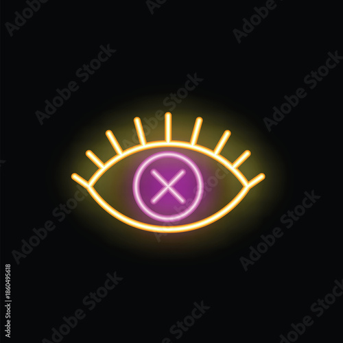 Neon sign of an eye with a cross in the middle representing blindness and vision loss