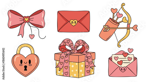 Cute flat design valentine themed collection including bow with heart, sealed love letter envelope, cupid bow with arrows, gift box with ribbon and love letter envelope with hearts scattered