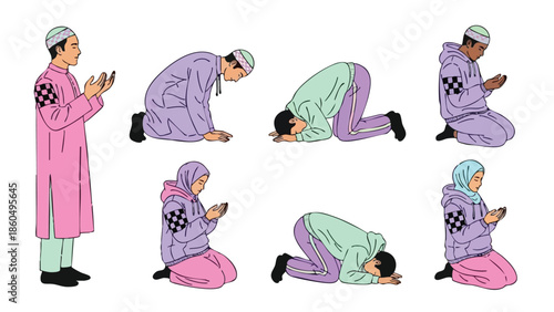 Flat design multiple muslim man and woman praying in traditional clothing performing islamic salah different positions with hijab and kufi cap vector illustration