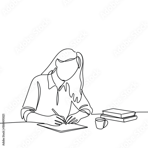 A single line drawing of a woman writing at a desk with books