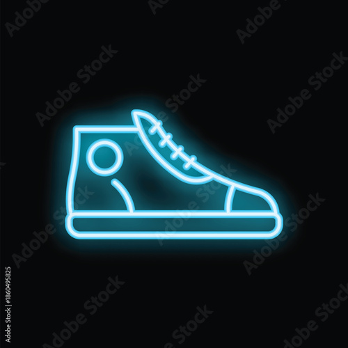 Bright neon sign showing a blue glowing sneaker on a black background