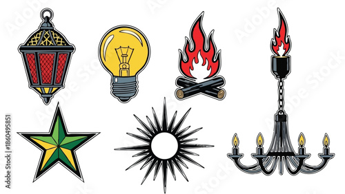 Hand drawn vintage lantern bright idea light bulb campfire bonfire torch green star shine chandelier with candles decorative elements collection