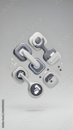 3D rendering of metallic gears rotating.