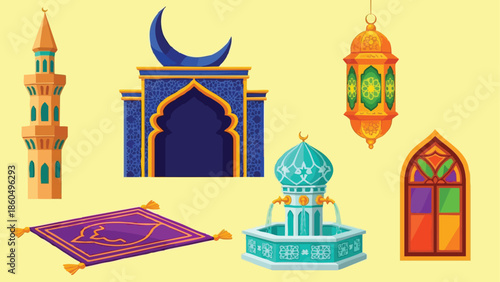 Colorful flat design mosque architecture lantern crescent moon prayer rug minaret window set with islamic geometric patterns and ornamental shapes on yellow background