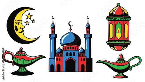 Colorful flat design crescent moon with stars blue mosque silhouette and oriental lamps set in traditional islamic art style vector illustration with vibrant colors