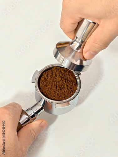 Barista hands using a professional metal tamper to press ground coffee in a portafilter