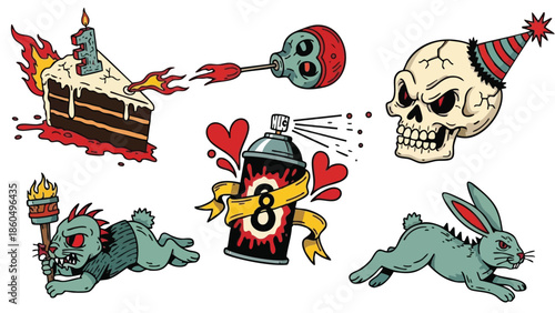 Colorful tattoo flash style illustrations of flaming cake slice, zombified baby, spray paint can with hearts, playful skull with party hat, and running rabbit in vibrant cartoon vector art