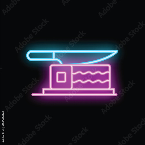 Glowing neon sign representing a butter dish with a knife on top, perfect for restaurant marketing and food related designs