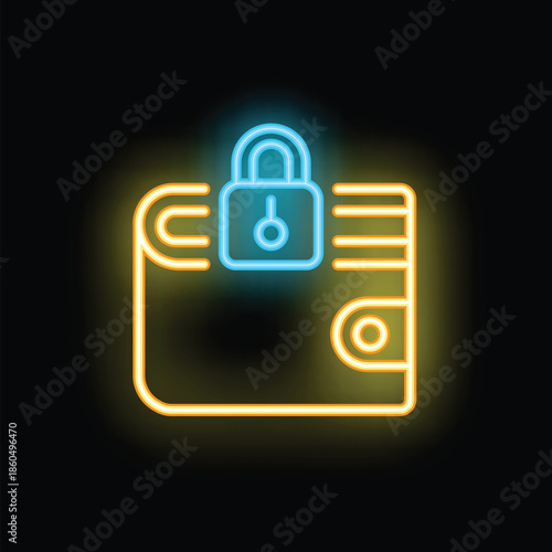 Glowing neon padlock secures a digital wallet, symbolizing online safety and data encryption