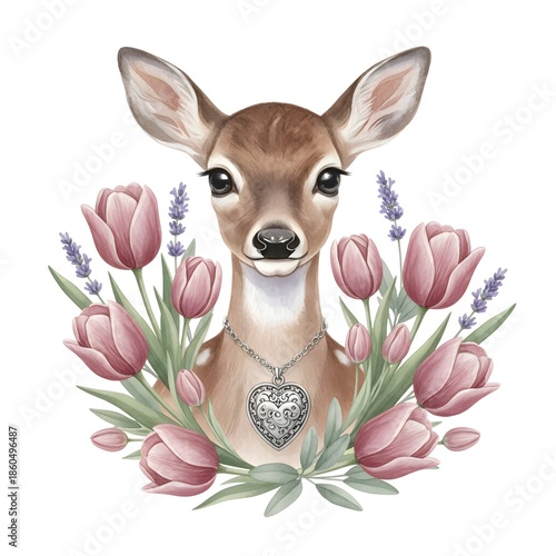 Romantic Watercolor Deer with Antique Heart Locket, Tulips and Lavender, Sage and Rose Tones