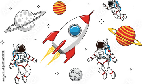 Cartoon Space Exploration Vector Illustration with Astronauts Rocket Ship Colorful Planets and Stars for Children Science Education and Galaxy Background