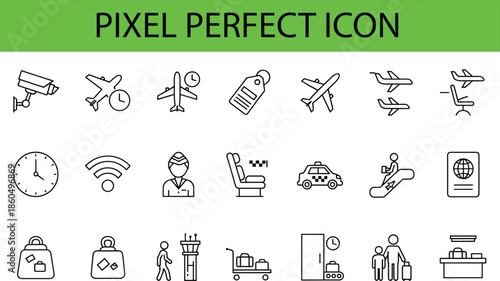 Comprehensive Airport and Travel Icon Set Featuring Airplanes Security Cameras Passports Luggage Carts and Flight Attendant Symbols Linear Vector Illustration