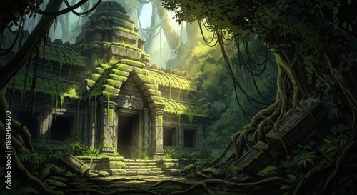 Ancient stone temple entrance overgrown with lush green jungle vegetation and sunlight