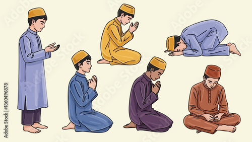 Flat design diverse muslim boys praying in different postures wearing colourful traditional clothes and yellow hats side view peaceful spiritual vector art illustration
