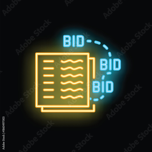 Neon sign showing bid documents for tender or auction, glowing on a dark wall