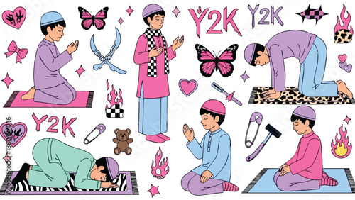 Y2k style colorful vector art of diverse muslim boys praying in various postures including kneeling, bowing, sitting on prayer mats featuring butterflies, hearts, candles, and safety pins