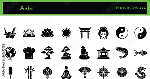 Comprehensive Japanese Culture Icon Set Featuring Origami Crane Torii Gate Geisha Zen Stones Bonsai Tree and Traditional Eastern Symbols Silhouette Illustration